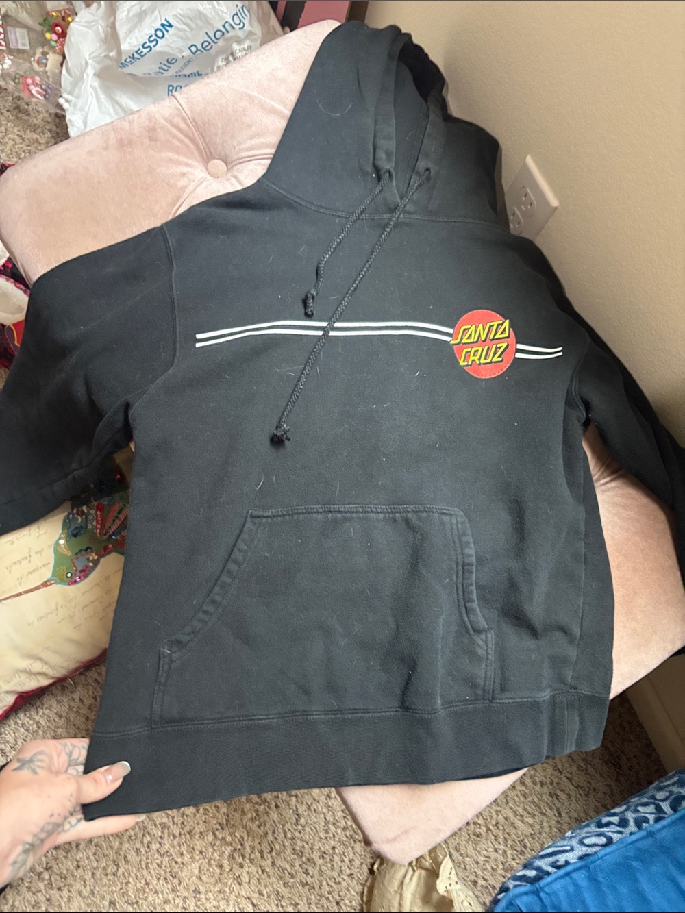 Santa Cruz Black Pullover Hoodie with Label Detail